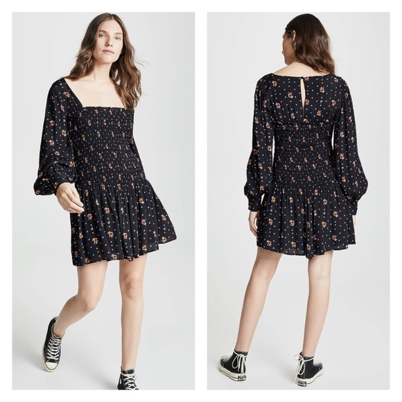 Free People Dresses & Skirts - FREE PEOPLE | Two Faces Long Sleeve Square Neck Smocked Mini Dress Black